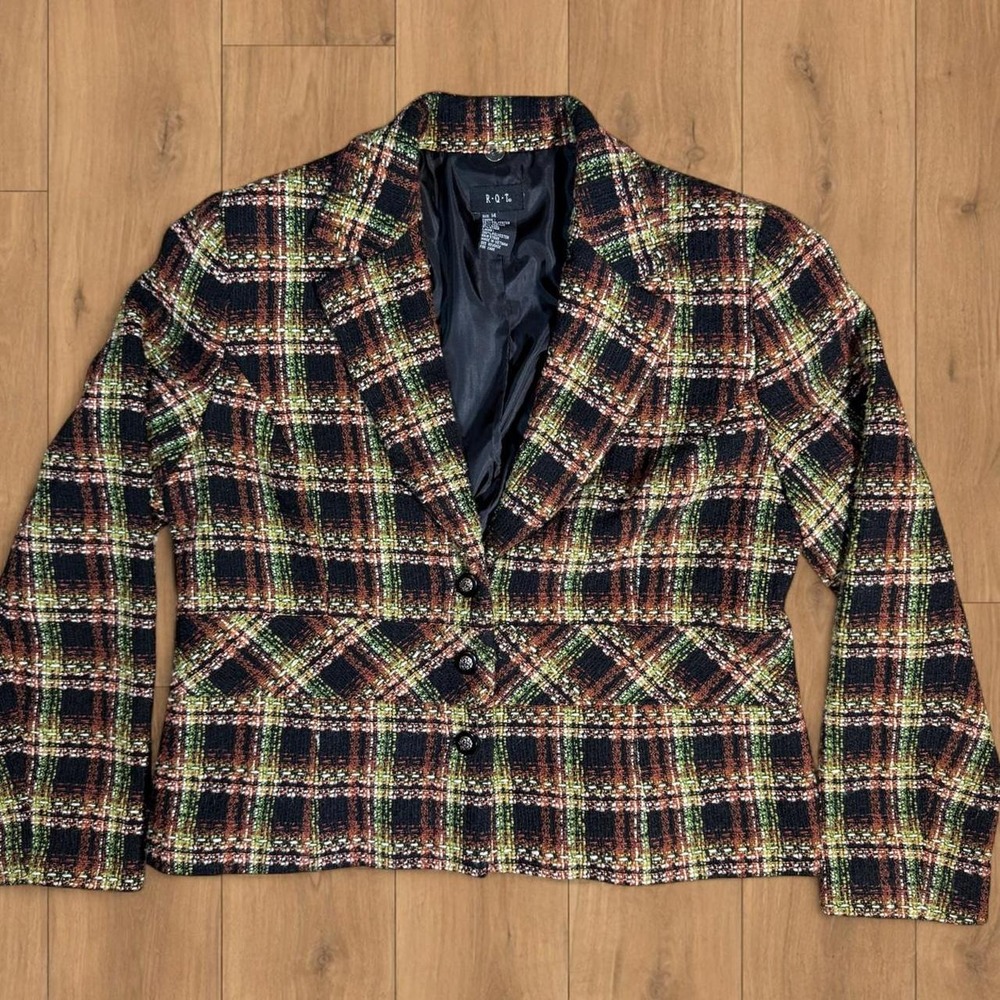 Vintage R.Q.T Plaid Tweed Blazer Jacket Wool Blend Women's 14 Academia Fall